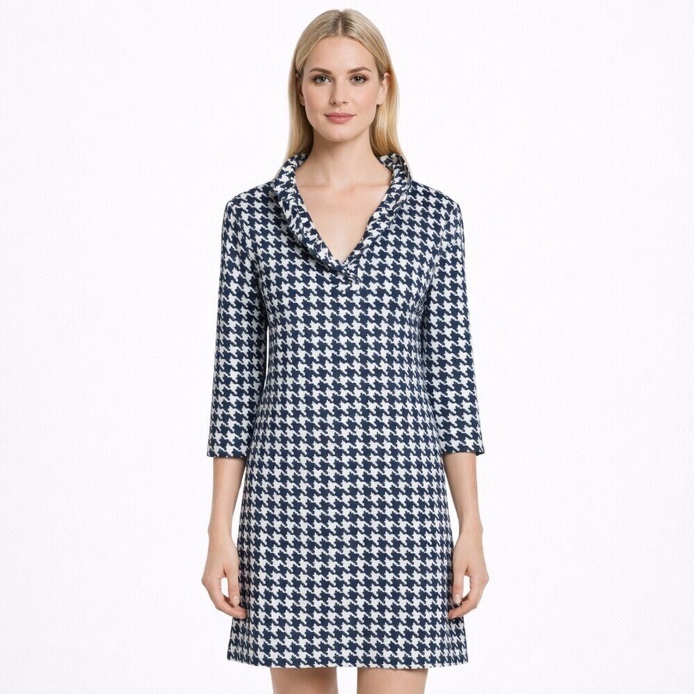 J Mclaughlin Durham Catalina Cloth Ruffle Neck Sheath navy cream Dress Medium